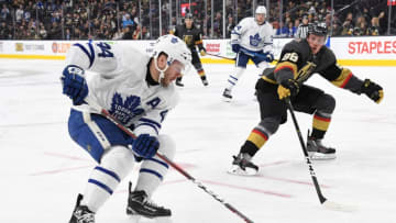 LAS VEGAS, NV - FEBRUARY 14: Morgan Rielly #44 of the Toronto Maple Leafs skates during the second period against the Vegas Golden Knights at T-Mobile Arena on February 14, 2019 in Las Vegas, Nevada. (Photo by Jeff Bottari/NHLI via Getty Images)