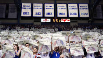 Feb 28, 2023; Lawrence, Kansas, USA; Kansas Jayhawks fans show support against the Texas Tech Red Raiders prior to a game at Allen Fieldhouse. Mandatory Credit: Denny Medley-USA TODAY Sports