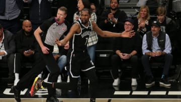 Oct 27, 2021; Brooklyn, New York, USA; Brooklyn Nets forward Kevin Durant (7) reacts after a dunk against the Miami Heat during the second quarter at Barclays Center. Mandatory Credit: Brad Penner-USA TODAY Sports