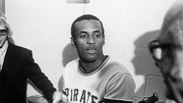 PITTSBURGH - Roberto Clemente #21 of the Pittsburgh Pirates talks to the media after getting his 3000th hit against the New York Mets at Three Rivers Stadium on September 30, 1972 in Pittsburgh, Pennsylvania. (Photo by: Morris Berman/MLB Photos via Getty Images)