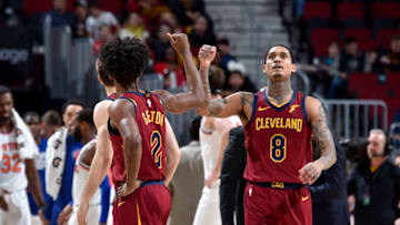 CLEVELAND, OH - FEBRUARY 11: Collin Sexton #2 and Jordan Clarkson #8 of the Cleveland Cavaliers high five during the game against the New York Knicks on February 11, 2019 at Quicken Loans Arena in Cleveland, Ohio. NOTE TO USER: User expressly acknowledges and agrees that, by downloading and/or using this photograph, user is consenting to the terms and conditions of the Getty Images License Agreement. Mandatory Copyright Notice: Copyright 2019 NBAE (Photo by David Liam Kyle/NBAE via Getty Images)