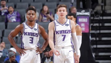 SACRAMENTO, CA - OCTOBER 16: Yogi Ferrell #3 and Kyle Guy #7 of the Sacramento Kings look on during the game against the Melbourne United on October 16, 2019 at Golden 1 Center in Sacramento, California. NOTE TO USER: User expressly acknowledges and agrees that, by downloading and or using this photograph, User is consenting to the terms and conditions of the Getty Images Agreement. Mandatory Copyright Notice: Copyright 2019 NBAE (Photo by Rocky Widner/NBAE via Getty Images)