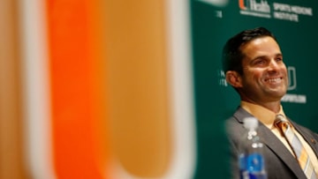 CORAL GABLES, FL - JANUARY 02: Manny Diaz of the Miami Hurricanes addresses the media during his introductory press conference in the Mann Auditorium at the Schwartz Center on January 2, 2019 in Coral Gables, Florida. (Photo by Michael Reaves/Getty Images)