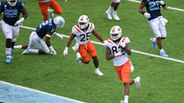 Oct 10, 2020; Chapel Hill, North Carolina, USA; Virginia Tech Hokies tight end James Mitchell (82) scores a touchdown in the second quarter at Kenan Memorial Stadium. Mandatory Credit: Bob Donnan-USA TODAY Sports