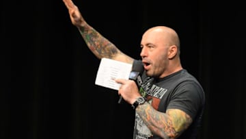 Dec 12, 2014; Phoenix, AZ, USA; UFC announcer Joe Rogan addresses the crowd during weigh-ins for UFC Fight Night at Phoenix Convention Center. Mandatory Credit: Joe Camporeale-USA TODAY Sports