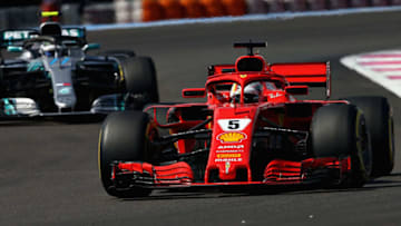 LE CASTELLET, FRANCE - JUNE 24: Sebastian Vettel of Germany driving the (5) Scuderia Ferrari SF71H leads Valtteri Bottas driving the (77) Mercedes AMG Petronas F1 Team Mercedes WO9 (Photo by Charles Coates/Getty Images)