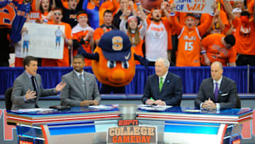 SYRACUSE, NY - FEBRUARY 01: ESPN College GameDay hosts (L-R) Rece Davis, Jalen Rose, Digger Phelps and Jay Bilas prior to the game between the Duke Blue Devils and the Syracuse Orange at the Carrier Dome on February 1, 2014 in Syracuse, New York. (Photo by Rich Barnes/Getty Images)