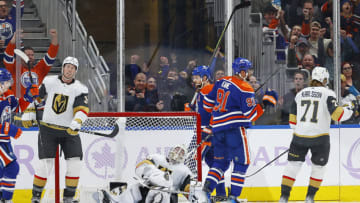 Nov 28, 2023; Edmonton, Alberta, CAN; Edmonton Oilers forward Evander Kane (91) celebrates after scoring a goal during the second period against the Vegas Golden Knights at Rogers Place. Mandatory Credit: Perry Nelson-USA TODAY Sports