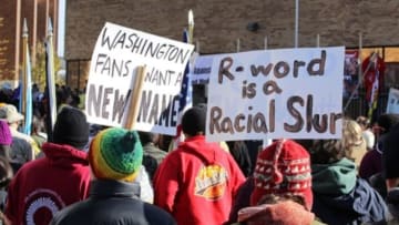 Nov 2, 2014; Minneapolis, MN, USA; A detailed view of a sign during a protest against Washington Redskins name and imagery prior to a game against the Minnesota Vikings at TCF Bank Stadium. Mandatory Credit: Brace Hemmelgarn-USA TODAY Sports