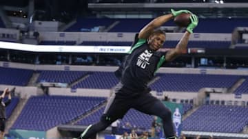 Feb 27, 2016; Indianapolis, IN, USA; Cincinnati Bearcats wide receiver Chris Moore catches a pass during the 2016 NFL Scouting Combine at Lucas Oil Stadium. Mandatory Credit: Brian Spurlock-USA TODAY Sports