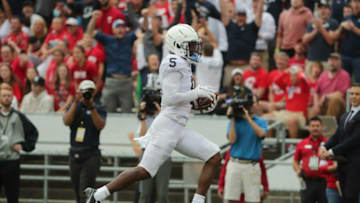 Penn State wide receiver Jahan Dotson (5) scores what would be the game-winning touchdown during the third quarter of their game against Wisconsin Saturday, September 4, 2021 at Camp Randall Stadium in Madison, Wis. Penn State beat Wisconsin 16-10.Uwgrid05 7