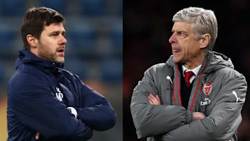 FILE PHOTO (EDITORS NOTE: COMPOSITE OF TWO IMAGES - Image numbers (L) 635481924 and 664948828) In this composite image a comparision has been made between Mauricio Pochettino,Manager of Tottenham Hotspur (L) and Arsene Wenger, Manager of Arsenal. Tottenham Hotspur and Arsenal meet in a Premier League match at White Hart Lane on April 30, 2017 in London,England. ***LEFT IMAGE*** GENT, BELGIUM - FEBRUARY 15: Tottenham Hotspur Head Coach / Manager, Mauricio Pochettino looks on during the Tottenham Hotspur Training Session held at the Ghelamco Arena stadium on February 15, 2017 in Gent, Belgium. KAA Gent will play Tottenham Hotspur in their Europa League match on the February 16, 2017. (Photo by Dean Mouhtaropoulos/Getty Images) ***RIGHT IMAGE*** LONDON, ENGLAND - APRIL 05: Arsene Wenger, Manager of Arsenal looks on during the Premier League match between Arsenal and West Ham United at the Emirates Stadium on April 5, 2017 in London, England. (Photo by Shaun Botterill/Getty Images,)
