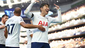LONDON, ENGLAND - OCTOBER 03: Son Heung-min of Tottenham Hotspur celebrates the 2nd goal during the Premier League match between Tottenham Hotspur and Aston Villa at Tottenham Hotspur Stadium on October 2, 2021 in London, England. (Photo by Marc Atkins/Getty Images)