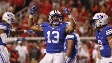 BYU football's Francis Bernard celebrates after an interception against the Utes. (Jeff Swinger-USA TODAY Sports)