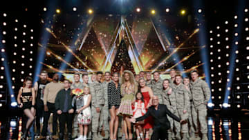 AMERICA'S GOT TALENT -- "Live Results 1" Episode 1214 -- Pictured: (l-r) Billy Emily England, Preacher Lawson, Christian Guardino, Darci Lynne, In the Stairwell (background), Heidi Klum, Tyra Banks, Angelica Hale, Yoli Mayor, Howie Mandel -- (Photo by: Justin Lubin/NBC)