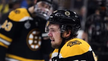 BOSTON - JUNE 12: Boston Bruins' Charlie McAvoy leaves the ice in tears following the Bruins' 4-1 loss. The Boston Bruins host the St. Louis Blues in Game 7 of the 2019 Stanley Cup Finals at TD Garden in Boston on June 12, 2019. (Photo by Stan Grossfeld/The Boston Globe via Getty Images)