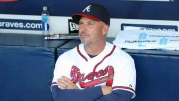 May 5, 2015; Atlanta, GA, USA; Atlanta Braves manager Fredi Gonzalez (33) prepares for a game against the Philadelphia Phillies at Turner Field. Mandatory Credit: Brett Davis-USA TODAY Sports