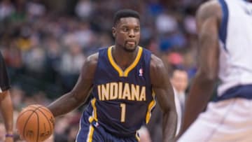 Oct 25, 2013; Dallas, TX, USA; Indiana Pacers shooting guard Lance Stephenson (1) brings the ball up the court during the game against the Dallas Mavericks at the American Airlines Center. The Pacers defeated the Mavericks 98-77. Mandatory Credit: Jerome Miron-USA TODAY Sports