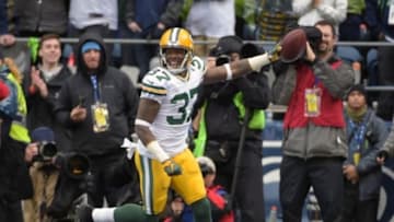 Jan 18, 2015; Seattle, WA, USA; Green Bay Packers cornerback Sam Shields (37) celebrates his second quarter interception in the end zone against the Seattle Seahawks in the NFC Championship Game at CenturyLink Field. Mandatory Credit: Kirby Lee-USA TODAY Sports