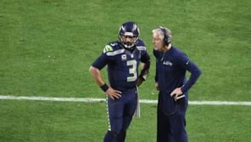 Feb 1, 2015; Glendale, AZ, USA; Seattle Seahawks quarterback Russell Wilson (3) talks with Seattle Seahawks head coach Pete Carroll during a timeout in the second quarter of Super Bowl XLIX at University of Phoenix Stadium. Mandatory Credit: Casey Sapio-USA TODAY Sports