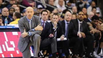 Feb 28, 2016; Newark, NJ, USA; Xavier Musketeers head coach Chris Mack looks on against the Seton Hall Pirates during the second half at Prudential Center. The Pirates won, 90-81. Mandatory Credit: Vincent Carchietta-USA TODAY Sports