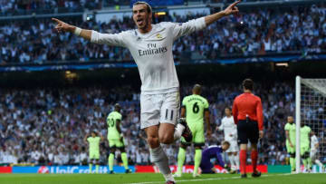 MADRID, SPAIN - MAY 04: Gareth Bale of Real Madrid celebrates scoring the opening goal during the UEFA Champions League semi final, second leg match between Real Madrid and Manchester City FC at Estadio Santiago Bernabeu on May 4, 2016 in Madrid, Spain. (Photo by David Ramos/Getty Images )