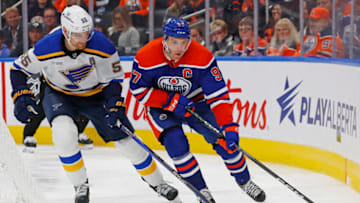 Edmonton Oilers Connor McDavid (97) moves the puck from St. Louis Blues defensemen Colton Parayko (55) Mandatory Credit: Perry Nelson-USA TODAY Sports