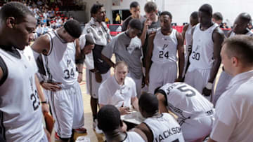LAS VEGAS, NV - JULY 20: Head Coach Chad Forcier of the San Antonio Spurs talks in the huddle against the Miami Heat during NBA Summer League on July 20, 2012 at Cox Pavilion in Las Vegas, Nevada. NOTE TO USER: User expressly acknowledges and agrees that, by downloading and/or using this Photograph, user is consenting to the terms and conditions of the Getty Images License Agreement. Mandatory Copyright Notice: Copyright 2012 NBAE (Photo by Jack Arent/NBAE via Getty Images)