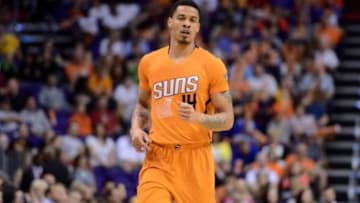Feb 6, 2015; Phoenix, AZ, USA; Phoenix Suns guard Gerald Green (14) looks on against the Utah Jazz at US Airways Center. Mandatory Credit: Joe Camporeale-USA TODAY Sports