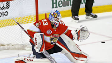 Florida Panthers goalie Sam Montembeault makes a save against against the New York Islanders during overtime at the BB&T Center in Sunrise, Fla., on Thursday, April 4, 2019. The Islanders won, 2-1, in a shootout. (David Santiago/Miami Herald/TNS via Getty Images)