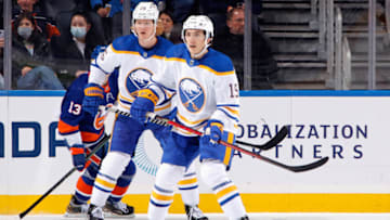 ELMONT, NEW YORK - DECEMBER 30: Peyton Krebs #19 of the Buffalo Sabres skates against the New York Islanders at the UBS Arena on December 30, 2021 in Elmont, New York. (Photo by Bruce Bennett/Getty Images)