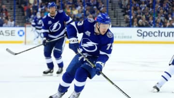 TAMPA, FL - MARCH 20: Adam Erne #73 of the Tampa Bay Lightning passes the puck during a game against the Toronto Maple Leafs at Amalie Arena on March 20, 2018 in Tampa, Florida. (Photo by Mike Ehrmann/Getty Images)