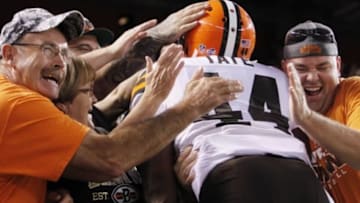 Aug 28, 2014; Cleveland, OH, USA; Cleveland Browns running back Ben Tate (44) celebrates with fans after scoring a touchdown against the Chicago Bears during the first quarter at FirstEnergy Stadium. Mandatory Credit: Ron Schwane-USA TODAY Sports