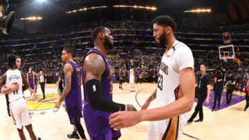 LOS ANGELES, CA - DECEMBER 21: LeBron James #23 of the Los Angeles Lakers and Anthony Davis #23 of the New Orleans Pelicans shake hands after a game on December 21, 2018 at STAPLES Center in Los Angeles, California. NOTE TO USER: User expressly acknowledges and agrees that, by downloading and/or using this Photograph, user is consenting to the terms and conditions of the Getty Images License Agreement. Mandatory Copyright Notice: Copyright 2018 NBAE (Photo by Andrew D. Bernstein/NBAE via Getty Images)