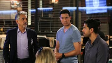 "Believer" -- When Reid discovers former FBI Special Agent Owen Quinn (James Urbaniak) locked inside a storage unit, the BAU questions the credibility of Quinn's bizarre accounts of searching for an UnSub that he named "The Strangler," on the second episode of the double-episode 13th season finale cliffhanger of CRIMINAL MINDS, Wednesday, April 18 (10:00-11:00 PM, ET/PT) on the CBS Television Network. Pictured: Joe Mantegna (David Rossi), Daniel Henney (Matt Simmons), Adam Rodriguez (Luke Alvez) Photo: Michael Yarish/CBS ÃÂ©2018 CBS Broadcasting, Inc. All Rights Reserved