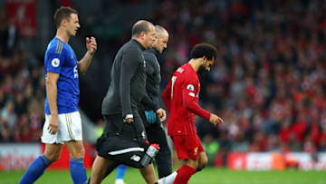 LIVERPOOL, ENGLAND - OCTOBER 05: Mohamed Salah of Liverpool goes off injured during the Premier League match between Liverpool FC and Leicester City at Anfield on October 05, 2019 in Liverpool, United Kingdom. (Photo by Clive Brunskill/Getty Images)