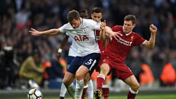 LONDON, ENGLAND - OCTOBER 22: Jan Vertonghen of Tottenham Hotspur and James Milner of Liverpool battle for possession during the Premier League match between Tottenham Hotspur and Liverpool at Wembley Stadium on October 22, 2017 in London, England. (Photo by Shaun Botterill/Getty Images)