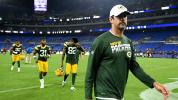BALTIMORE, MD - AUGUST 15: Aaron Rodgers #12 of the Green Bay Packers walks off the field after a preseason game against the Baltimore Ravens at M&T Bank Stadium on August 15, 2019 in Baltimore, Maryland. (Photo by Will Newton/Getty Images)