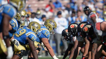 October 22, 2016; Pasadena, CA, USA; General view of UCLA Bruins offensive line against the Utah Utes defense before the snap during the second half at the Rose Bowl. Mandatory Credit: Gary A. Vasquez-USA TODAY Sports