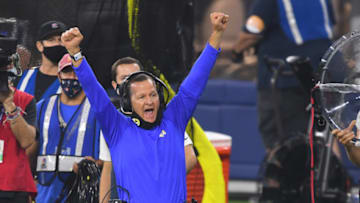 Sep 13, 2020; Inglewood, California, USA; Los Angeles Rams assistant head and linebacker coach Joe Barry celebrates a play by cornerback Jalen Ramsey (20) in the fourth quarter of the game against the Dallas Cowboys at SoFi Stadium. Mandatory Credit: Jayne Kamin-Oncea-USA TODAY Sports