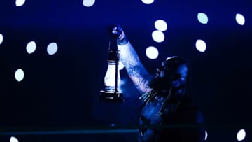 SAN ANTONIO, TEXAS - JANUARY 28: Bray Wyatt enters the arena to fight in the pitch black event during the WWE Royal Rumble event at the Alamodome on January 28, 2023 in San Antonio, Texas. (Photo by Alex Bierens de Haan/Getty Images)
