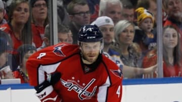 Jan 16, 2016; Buffalo, NY, USA; Washington Capitals defenseman Taylor Chorney (4) during the game against the Buffalo Sabres at First Niagara Center. Mandatory Credit: Kevin Hoffman-USA TODAY Sports