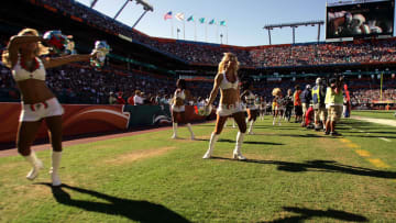 MIAMI - NOVEMBER 16: Cheerleaders work the crowd as the Miami Dolphins play against the Oakland Raiders at Dolphin Stadium November 16, 2008 in Miami, Florida. Miami defeated Oakland 17-15. (Photo by Marc Serota/Getty Images)