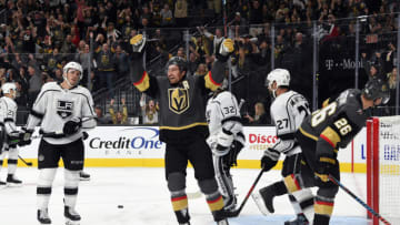 LAS VEGAS, NEVADA - SEPTEMBER 27: Mark Stone #61 of the Vegas Golden Knights celebrates after a goal by teammate Brayden McNabb #3 during the third period against the Los Angeles Kings at T-Mobile Arena on September 27, 2019 in Las Vegas, Nevada. (Photo by David Becker/NHLI via Getty Images)