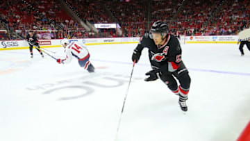 Nov 12, 2016; Raleigh, NC, USA; Carolina Hurricanes forward Jeff Skinner (53) skates with the puck against Washington Capitals at PNC Arena. The Carolina Hurricanes defeated the Washington Capitals forward 5-1. Mandatory Credit: James Guillory-USA TODAY Sports