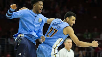 Dec 5, 2016; Philadelphia, PA, USA; Denver Nuggets guard Jamal Murray (27) celebrates with guard Malik Beasley (L) after his three pointer against the Philadelphia 76ers during the second half at Wells Fargo Center. The Denver Nuggets won 106-98. Mandatory Credit: Bill Streicher-USA TODAY Sports