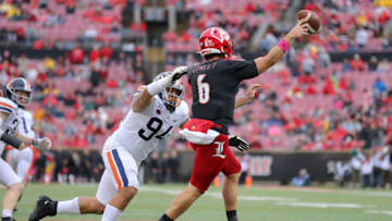 LOUISVILLE, KY - OCTOBER 26: Louisville Cardinals quarterback Evan Conley (6) throws a pass as Virginia Cavaliers defensive lineman Aaron Faumui (94) applies pressure during the college football game between the Virginia Cavaliers and Louisville Cardinals on October 26, 2019, at Cardinal Stadium in Louisville, KY. (Photo by Frank Jansky/Icon Sportswire via Getty Images)