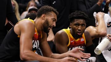 OKC Thunder preview: Jazz center Rudy Gobert (27) and guard Donovan Mitchell (45) talk on the bench: Chris Nicoll-USA TODAY Sports