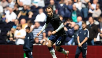 LONDON, ENGLAND - MAY 12: Christian Eriksen of Tottenham Hotspur warms up prior to the Premier League match between Tottenham Hotspur and Everton FC at Tottenham Hotspur Stadium on May 12, 2019 in London, United Kingdom. (Photo by Marc Atkins/Getty Images)