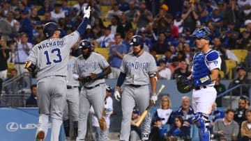 LOS ANGELES, CA - MAY 14: San Diego Padres third baseman Manny Machado (13) points to the crowd after his home run during a MLB game between the San Diego Padres and the Los Angeles Dodgers on May 14, 2019 at Dodger Stadium in Los Angeles, CA. (Photo by Brian Rothmuller/Icon Sportswire via Getty Images)